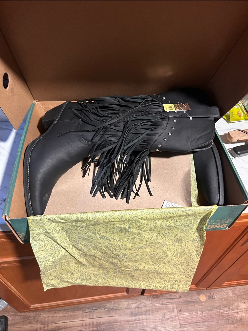 Roper Black Leather Fringe Boots with Silver Studs - Picture 2 of 3